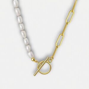 Dainty Freshwater Pearl and Paperclip Chain T Bar Choker Necklace